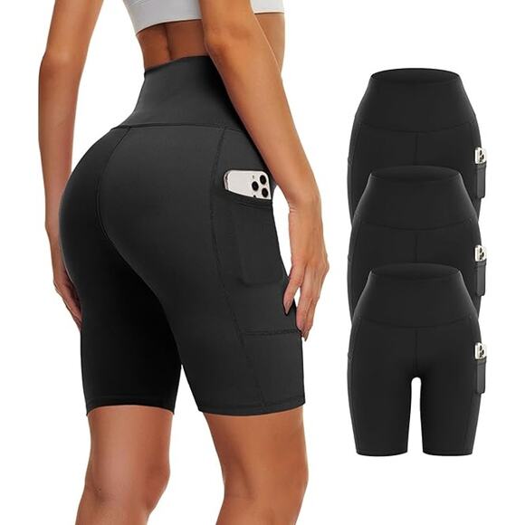 3 Pack Biker Shorts w/Pockets Size Large Women, High Waist Tummy Control Workout - Picture 1 of 3